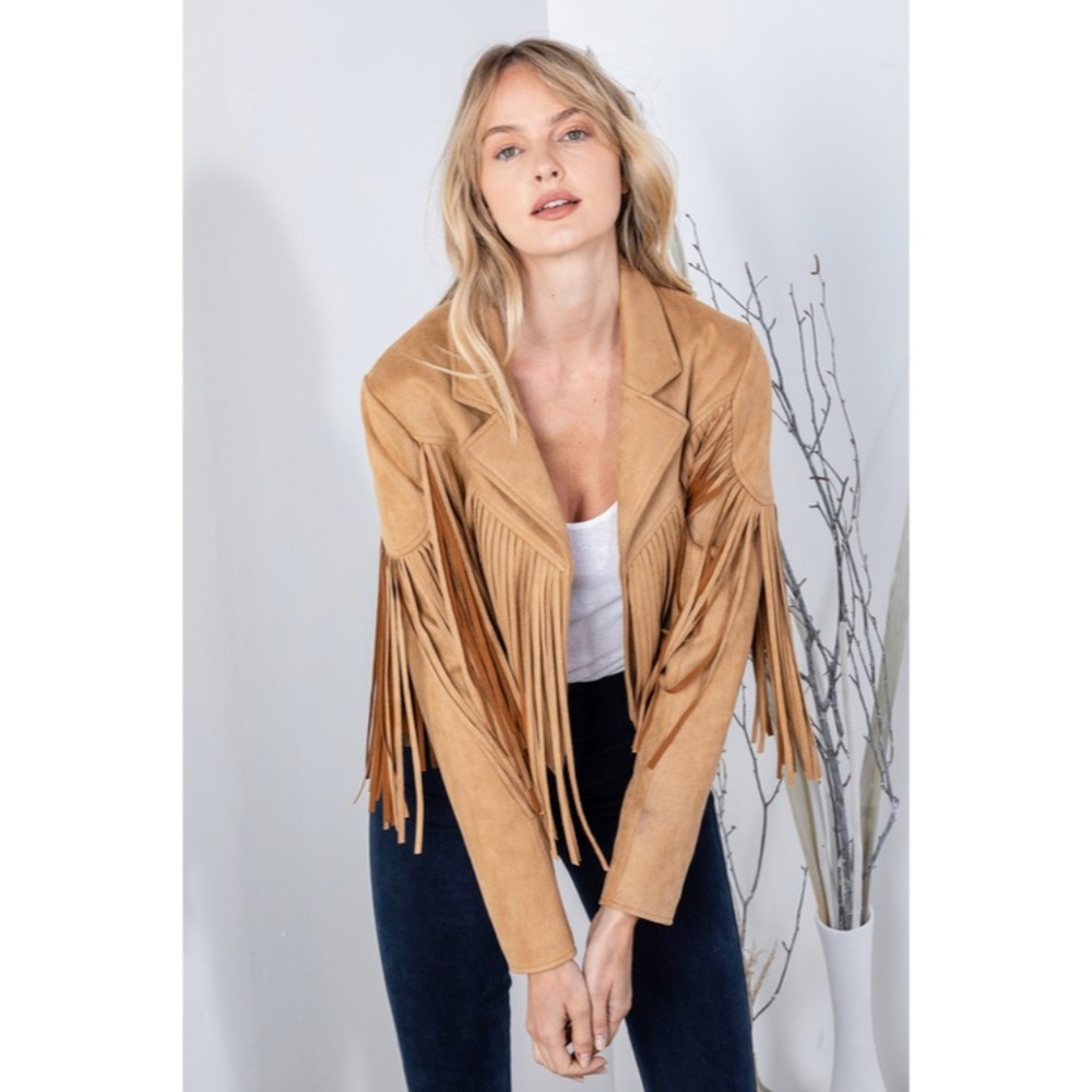 SOLD OUT Camel Faux Leather Suede Fringe Cropped Western Boho Moto Jacket - Picture 9 of 11